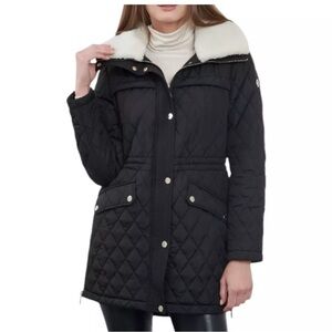 Michael Kors Black Quilted Jacket with White Faux Fur Removable Collar, Like New